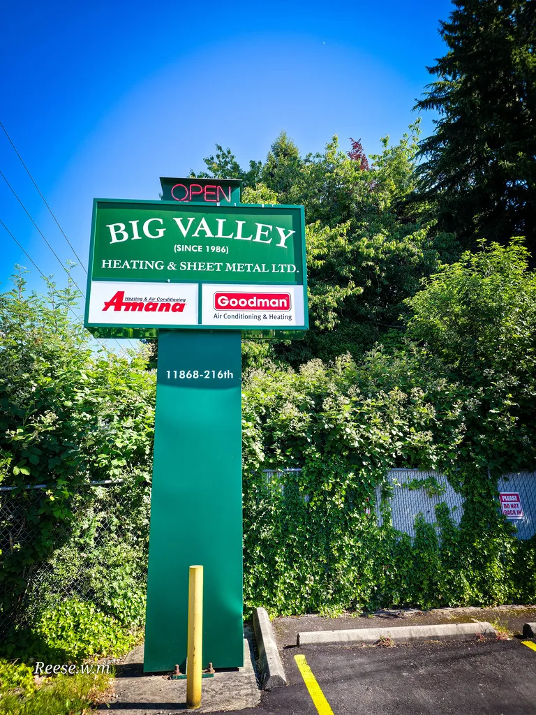Big Valley Heating & Sheet Metal Ltd. sign at our Maple Ridge shop on 216th Street
