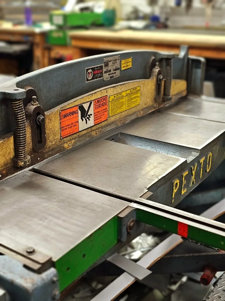 Pexto sheet metal brake in Big Valley's Maple Ridge fabrication shop